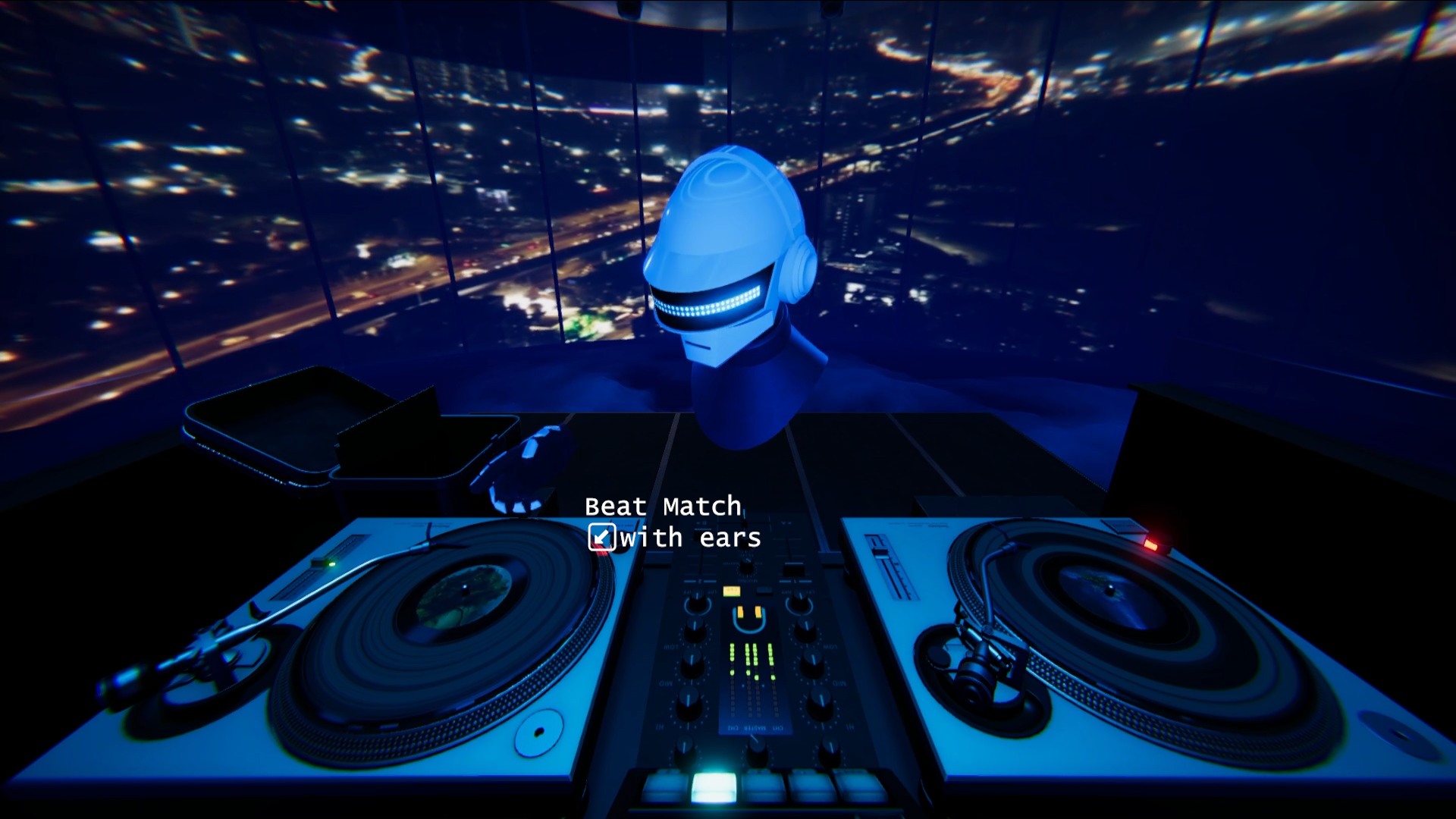 Robot DJ at the decks in a booth wrapped in a night-time city view