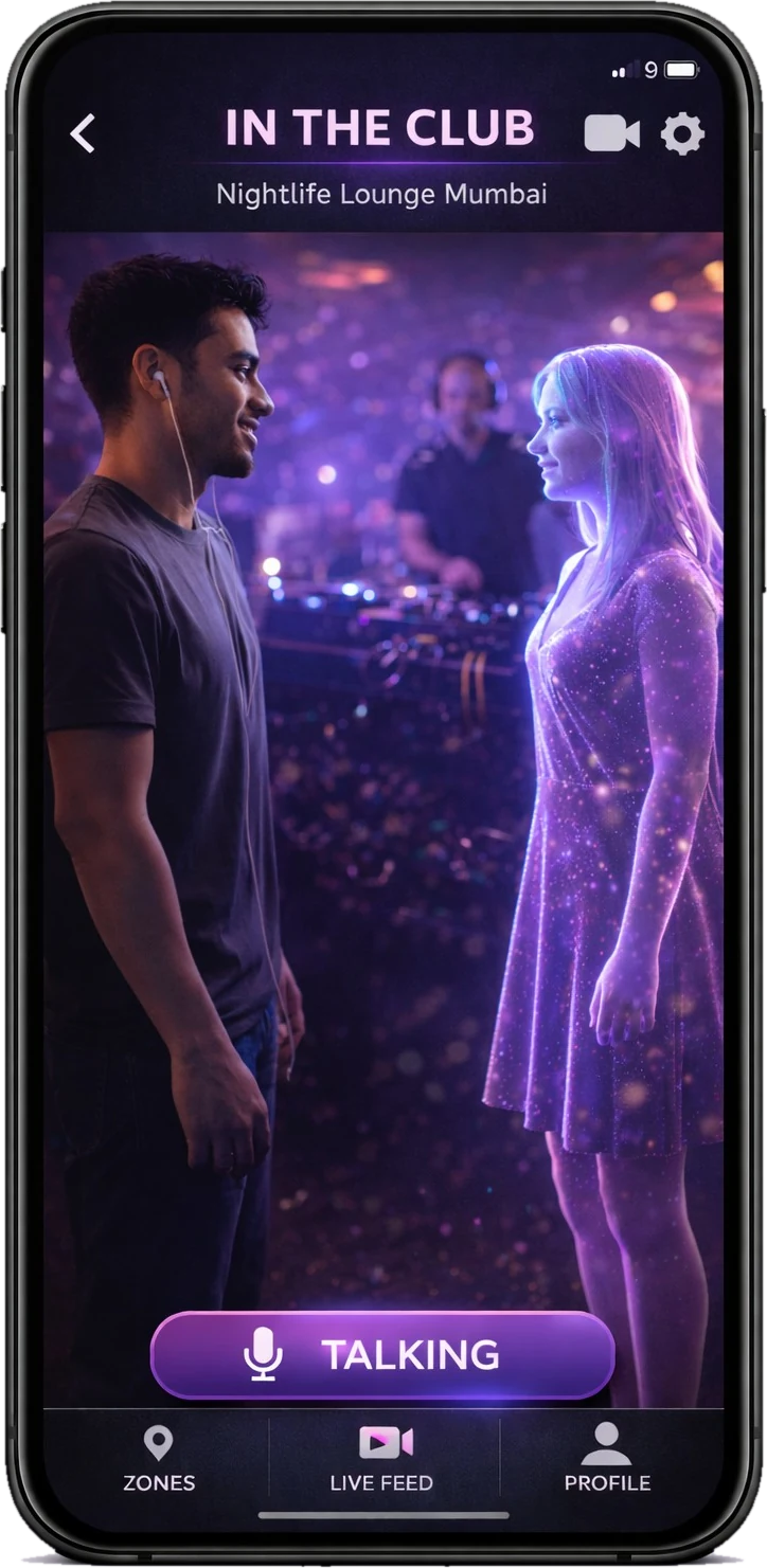 A guest talking to a holographic avatar